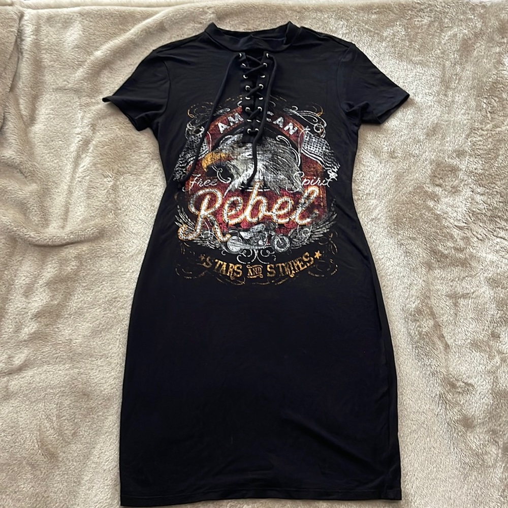 Material Girl Tshirt dress, black with prints  Used